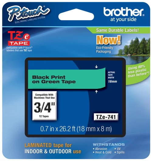 BROTHER TZE-741 3/4 IN. BLACK ON GREEN P-TOUCH TAPE