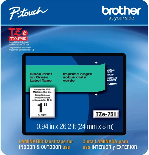 BROTHER TZE-751 1 IN. BLACK ON GREEN P-TOUCH TAPE