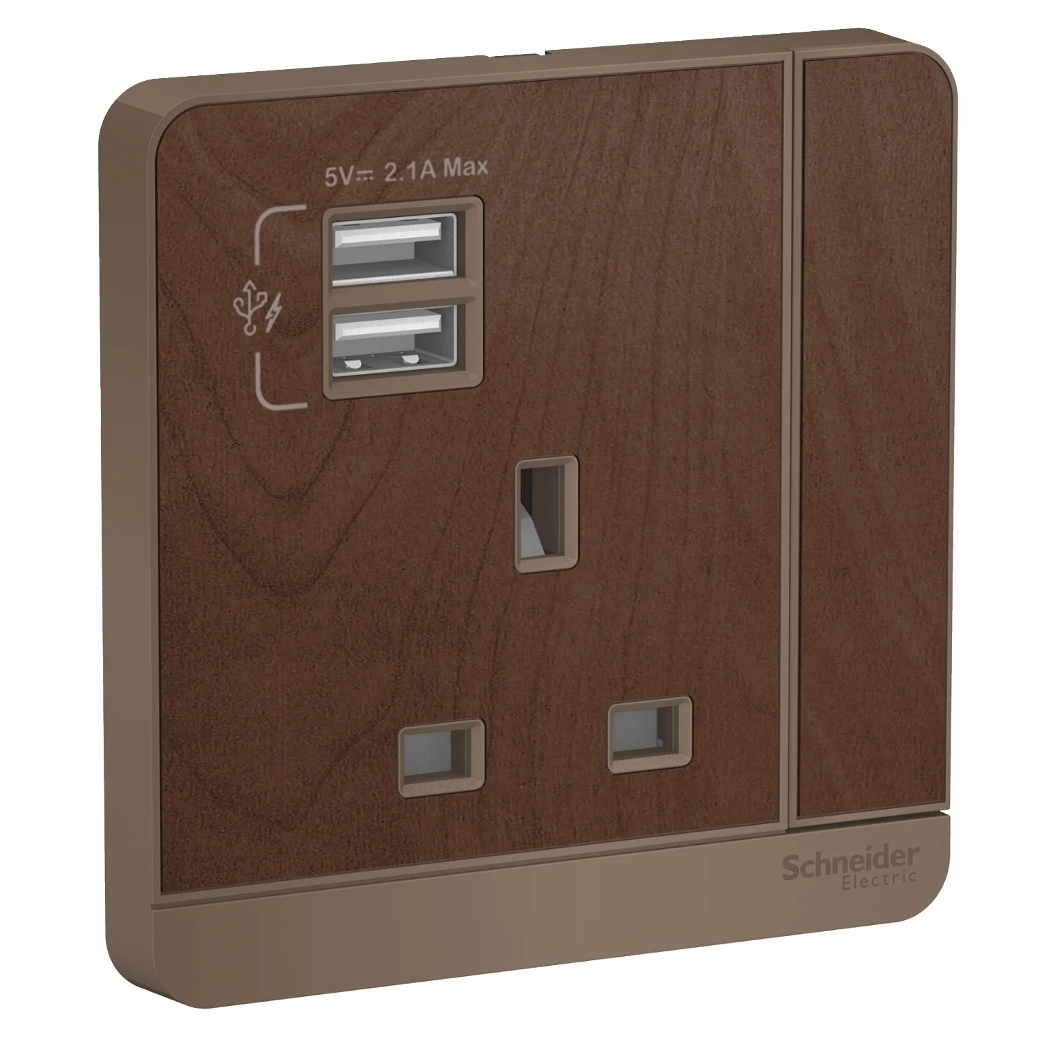 AvatarOn, 2 USB charger + switched socket, 3P, 13A, Wood