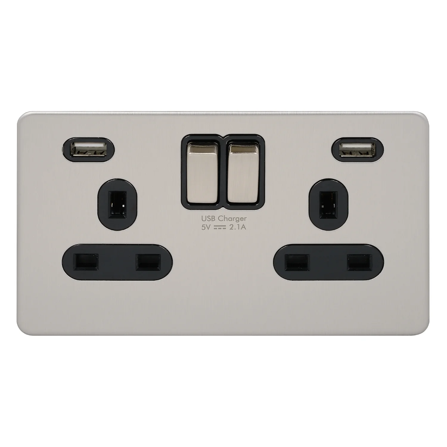 Ultimate-SwitchedSocket 2USB charger-2 gang 13A stainless steel - black