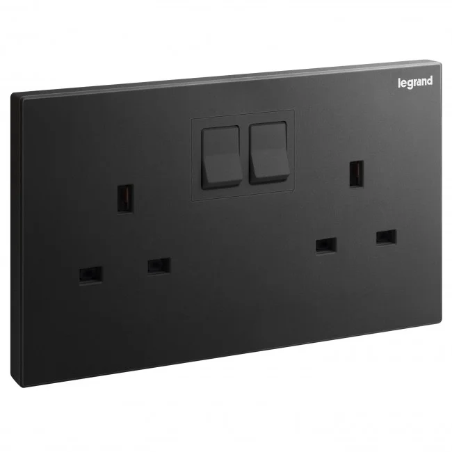 British standard socket outlet Galion 13A 250V~ 2 gang single pole - switched - matt black