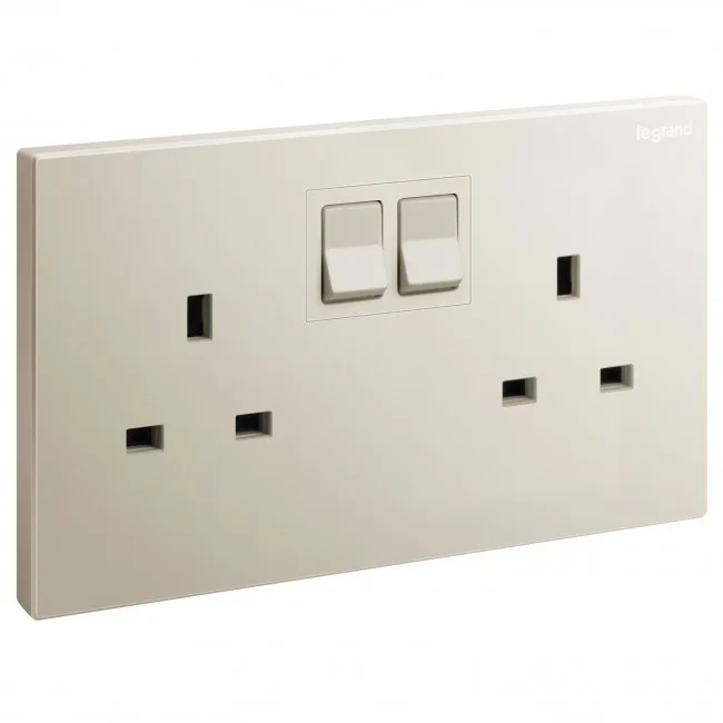 British standard socket outlet Galion 13A 250V~ 2 gang single pole - switched - champagne