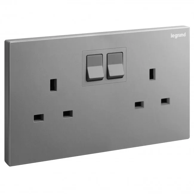 British standard socket outlet Galion 13A 250V~ 2 gang single pole - switched - dark silver