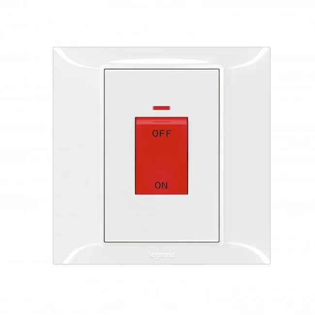 Double pole switch Belanko S - 45A 250V~ 1 gang - 1-way switch + red neon indicator - white<BR>