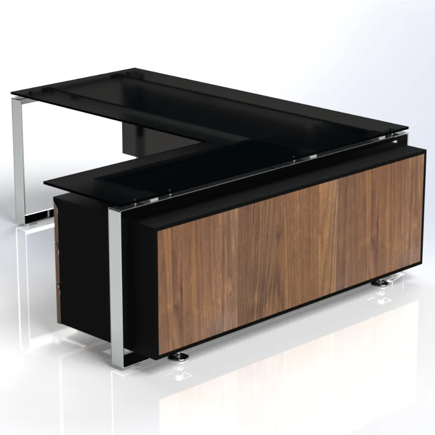 Bafco Diamond Black Glass Desk with Credenza Storage