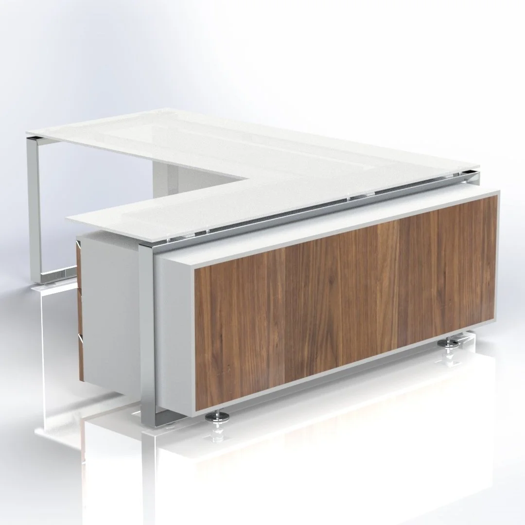 Bafco Diamond White Glass Desk with Credenza Storage