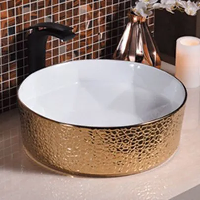 GOLDEN DRAGON BATHROOM ABOVE COUNTER MOUNTING WASH BASIN - GD1021G CERAMIC GOLDEN DRAGON ART WASH BASIN, GOLD AND WHITE COLOR. SIZE: 410x410x140mm