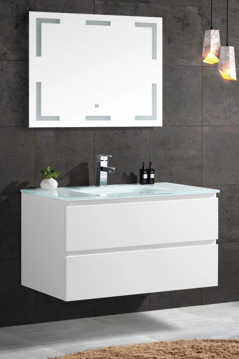 GOLDEN DRAGON BATHROOM CABINET WITH AN LED MIRROR, MODERN MINIMALIST BATHROOM CABINET WITH GLASS WASH BASIN COMBINATION, GD1922 GOLDEN DRAGON BATHROOM CABINET; 80CM.