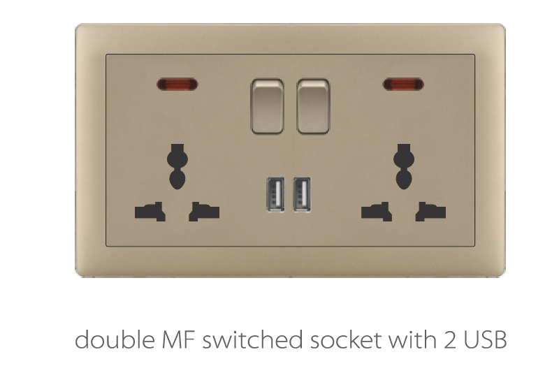 V1 Matte Golden V1-018 double MF switched socket with 2 USB