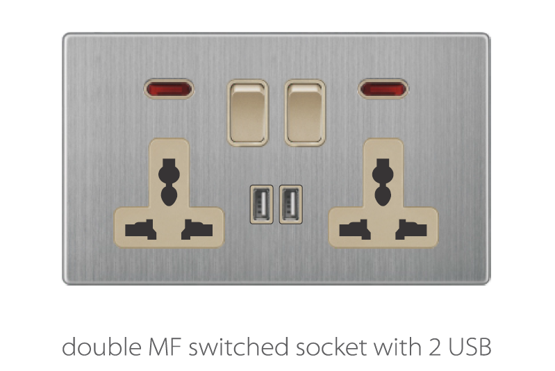 V3 golden stainless V3-021 double MF switched socket with 2 USB