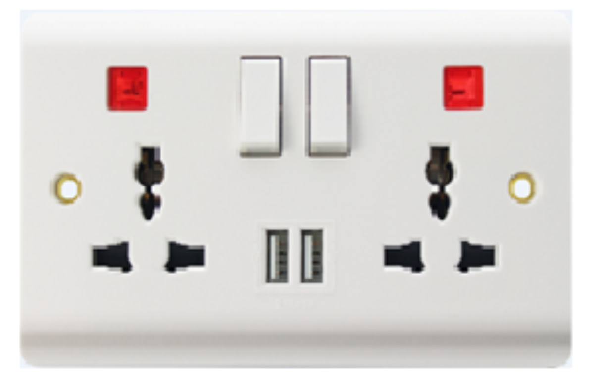 R095 MODI Bakelite 13A 2 gang switched multi function socket+neon with USB MD-HWD5015