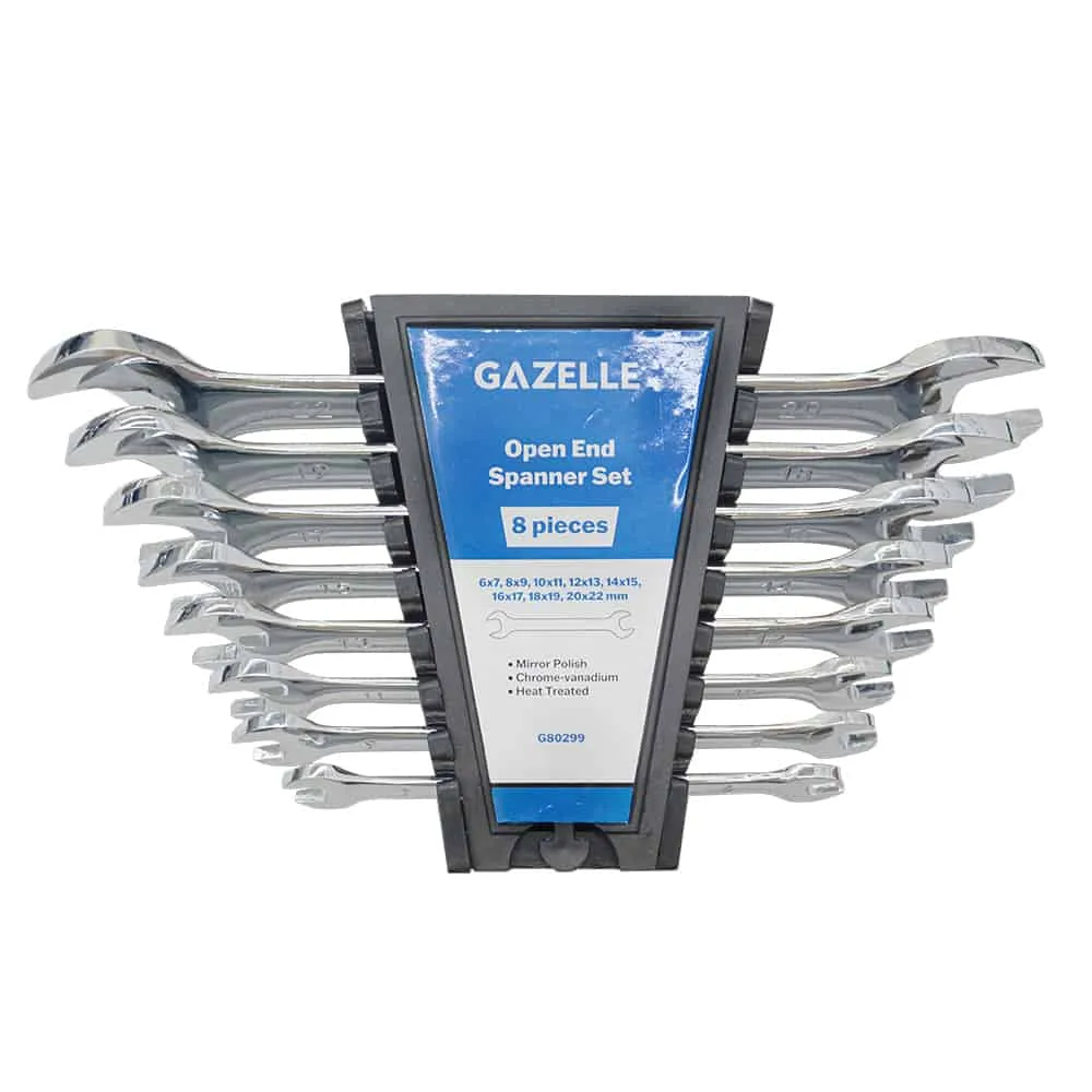 Gazelle 8-Piece Open-Ended Spanner Set, 6-22mm, Cr-V Steel, with Plastic Rack