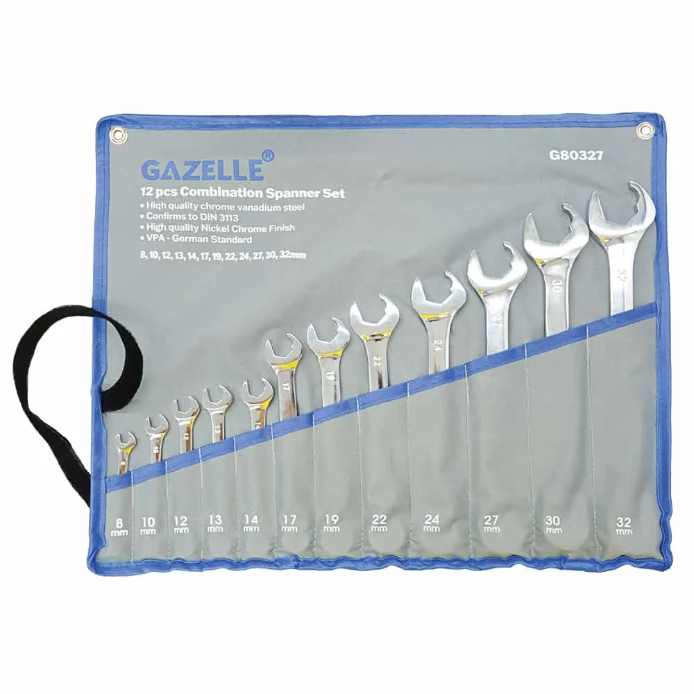 Gazelle 12-Piece Combination Spanner Set, 8-32mm, Cr-V Steel, with Tetron Pouch