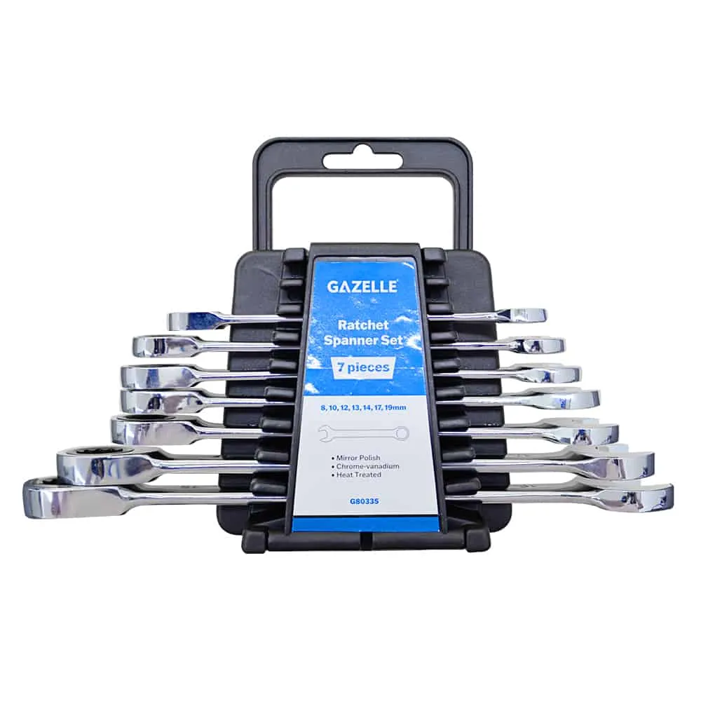 Gazelle 7-Piece Ratchet Spanner Set, 8-19mm, Cr-V Steel, with Plastic Rack