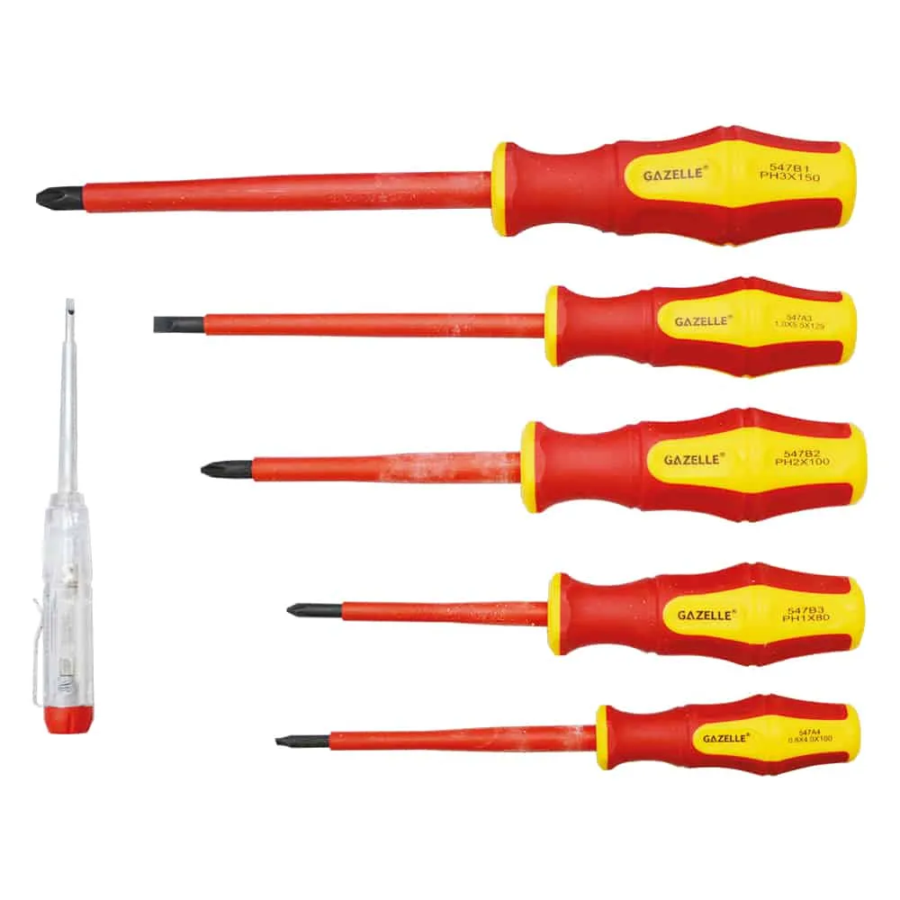 Gazelle 1000V Insulated Screwdriver Set, 6-Pieces - includes Slotted, Phillips, Single-Pole Voltage Tester and Plastic Case