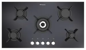 B/IN HOB, 90X60CM, 5 GAS BURNERS, CRYSTAL BLACK, FULL SAFETY, A/ING, CAST IRON PAN SUPPORT.