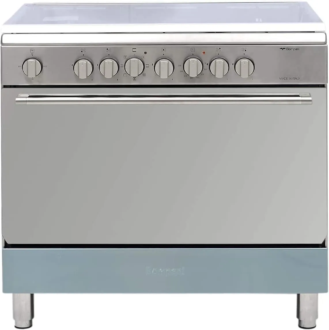 BOMPANI FREE STANDING GAS COOKER, 90X60CM, 5 GAS BURNERS, GAS OVEN & GRILL WITH FAN, FULL SAFETY, SELF CLEANING, CAST IRON GRIDS, S.STEEL. (BO693MS).