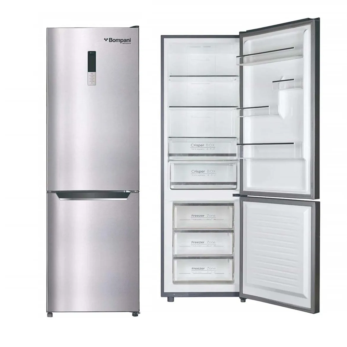 BOMPANI REF, DOUBLE DOOR, NO FROST, 330 LTRS, STAINLESS STEEL, BOTTOM FREEZER, INVERTER TYPE.