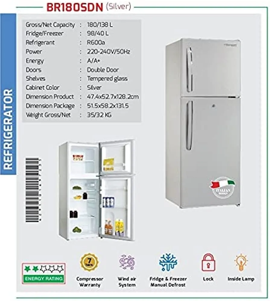 BOMPANI 140LTRS, DOUBLE DOOR REFRIGERATOR, DEFROST, SILVER FINISH