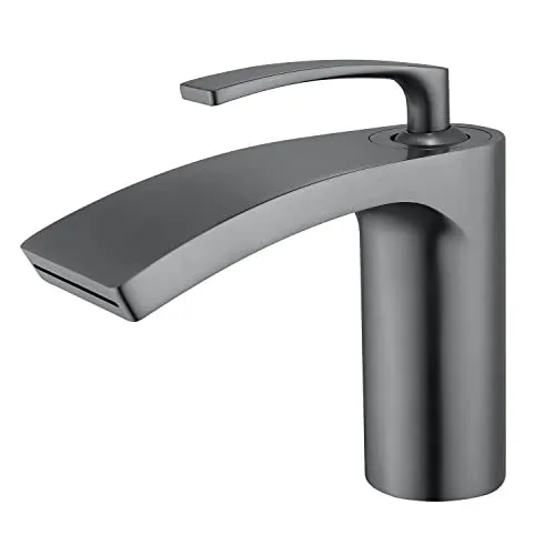 Waterfall Spout Solid Brass Basin Mixer in Gun Gray Vanity Bathroom Sink Mixer Tap with Sigle hand