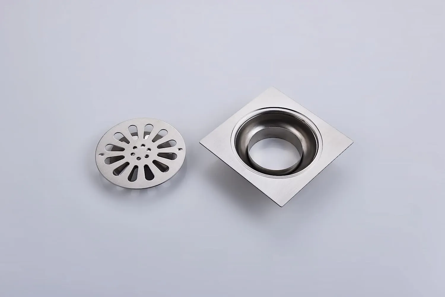 Square Shower Floor Drain with Removable Round Pattern Cover,15 * 15CM Rotary Type Thickened Stainless Steel Brushed Nicke