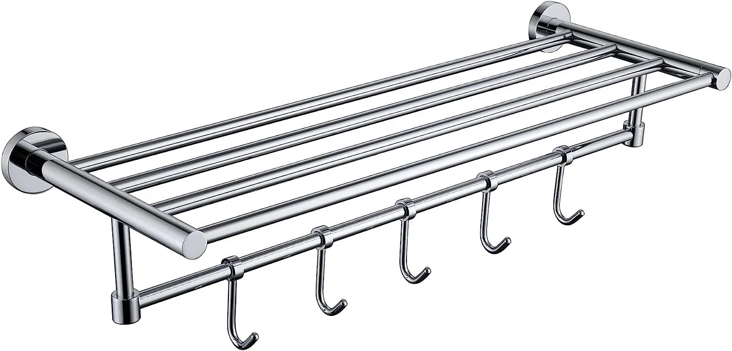 Towel Shelf 60CM with 2-Tier Bathroom Shelf with Hooks Wall Mounted Chrome