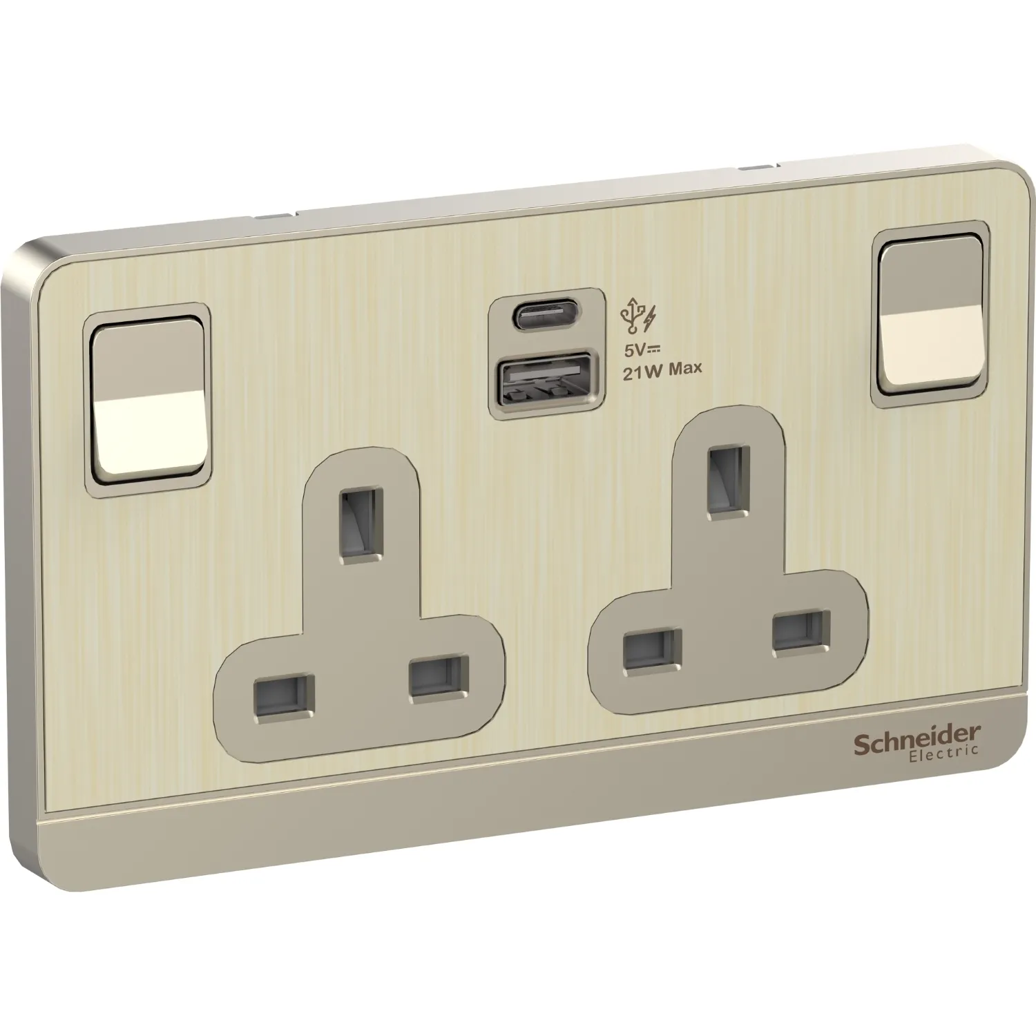 Avataron Switched socket with USB charger, 21W type A+C, 2 gang, 13A, metal gold hairline E83T25ACUSB_GH_G12