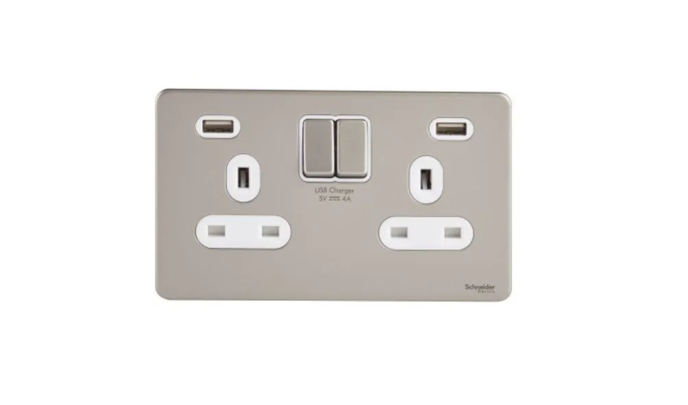 Schneider Electric Ultimate Switched Socket 2 USB charger 2 gang 13A pearl nickel white GGBGU3424DWPN