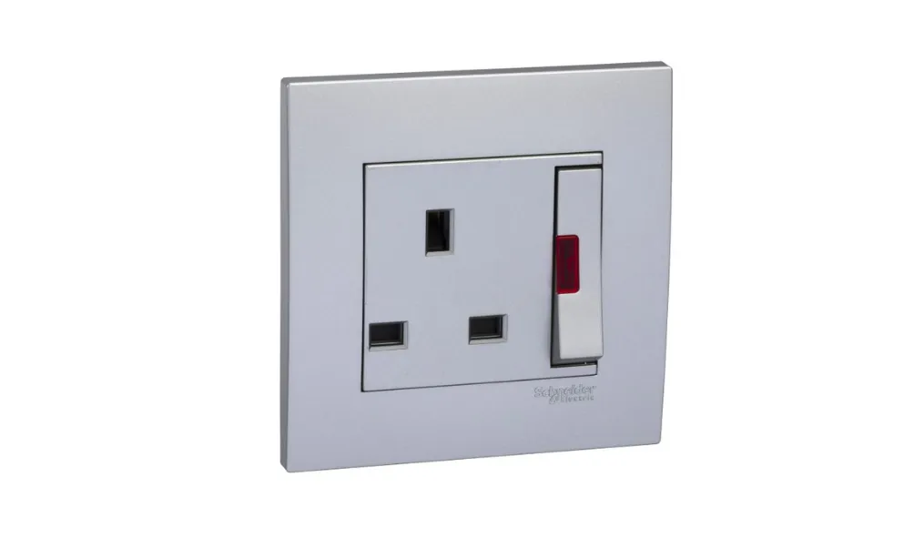 Schneider Electric Vivace 3A 250V 1Gang DP Large Dolly Switched socket with NE Aluminium silver KB15LDN_AS