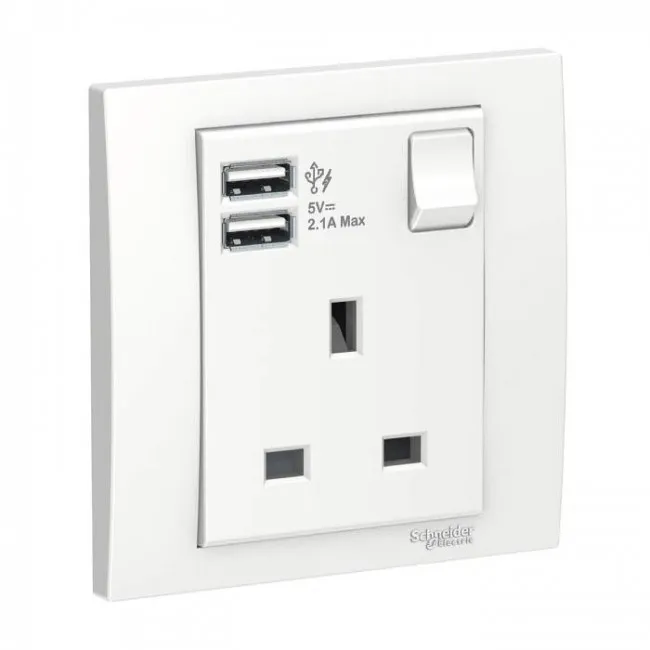 Schneider Electric Vivace Socket Single 13A combined 2 x USB ports 2.1A Socket KB15USB_WE