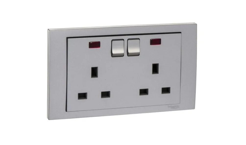 Schneider Electric Vivace 13A 250V Twin Gang Switched Socket with Neon alumium silver KB25N_AS