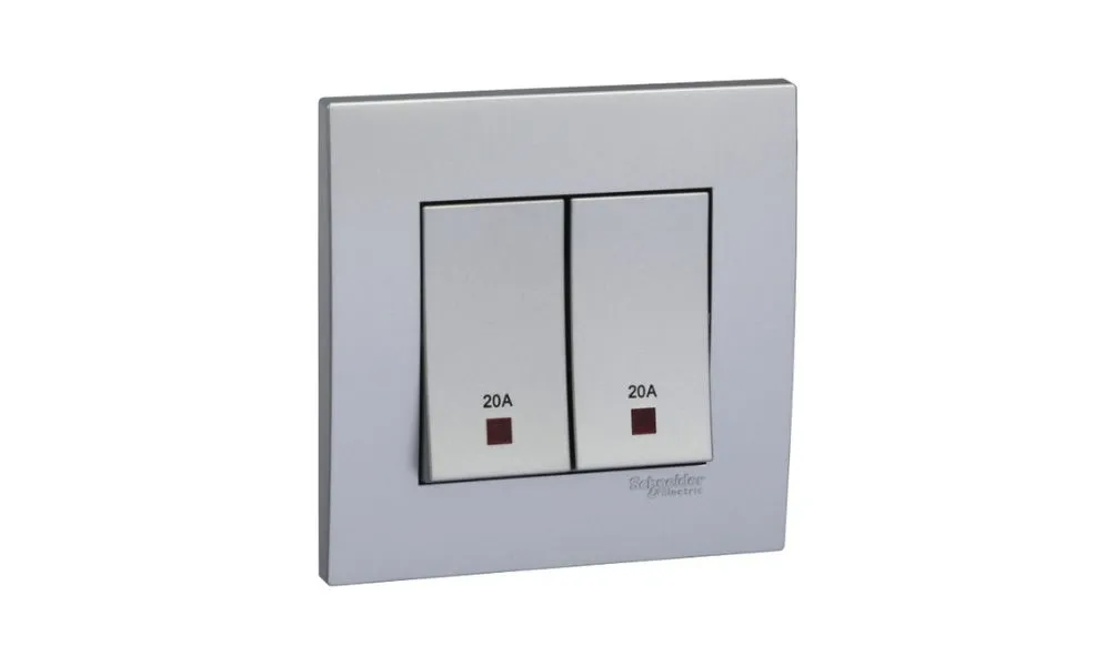 Schneider Electric Vivace 20A 250V 2gang Double Pole Switch with Neon and Earth Aluminium Silver KB32D20NE_AS