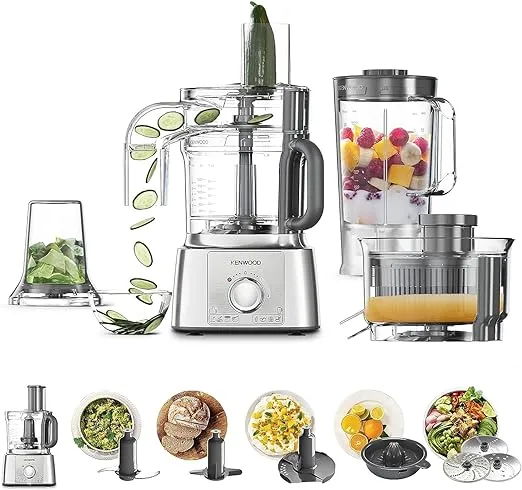 Kenwood Food Processor 1000W Multi-Functional With 3 Stainless Steel Disks, Blender, Grinder Mill, Juicer Extractror, Whisk, Dough Maker, Citrus Juicer, Express Serve/Salad Maker Fdp65.880Si Silver