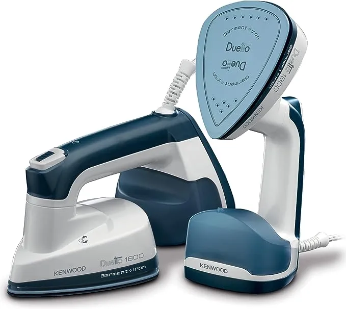 KENWOOD 2-in-1 Garment Steamer + Steam Iron 1000W with Rotary Plate, Ceramic Soleplate, LED Light GSP40.000WB White/Blue