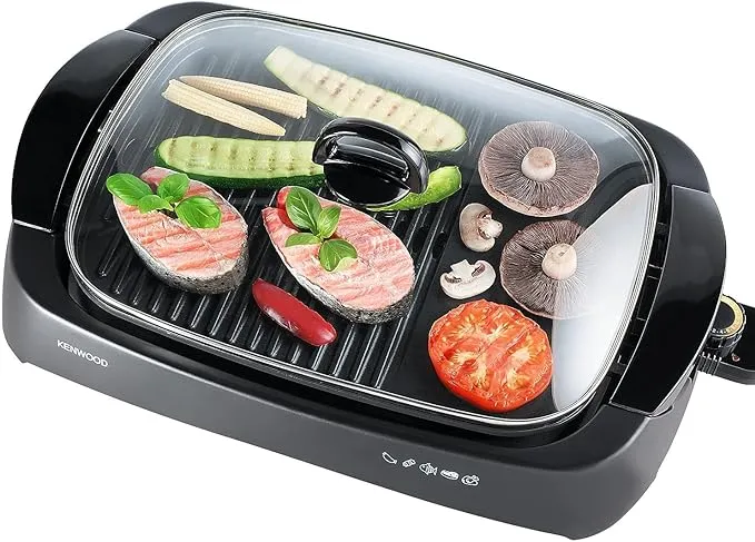 KENWOOD Grill 1700W Contact Health Large Family Sized Griddle with Glass Lid, Variable Temperature Control, Cool Touch Handles - Ideal for Steak, Chicken, Fish, Vegetables HG230 Black