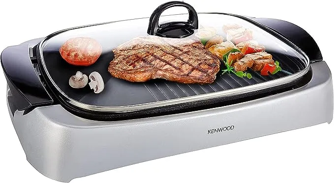 KENWOOD Grill 2000W Contact Health Grill Large Family Sized Griddle with Glass Lid, Variable Temperature Control, Cool Touch Handles - Ideal for Steak, Chicken, Fish, Vegetables HG266 Silver/Black