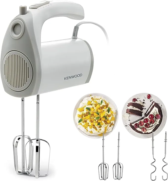 KENWOOD Hand Mixer (Electric Whisk) 300W with 5 Speeds + Turbo Button, Twin Stainless Steel Kneader and Beater for Mixing, Whipping, Whisking, Kneading HMP20.000WH White