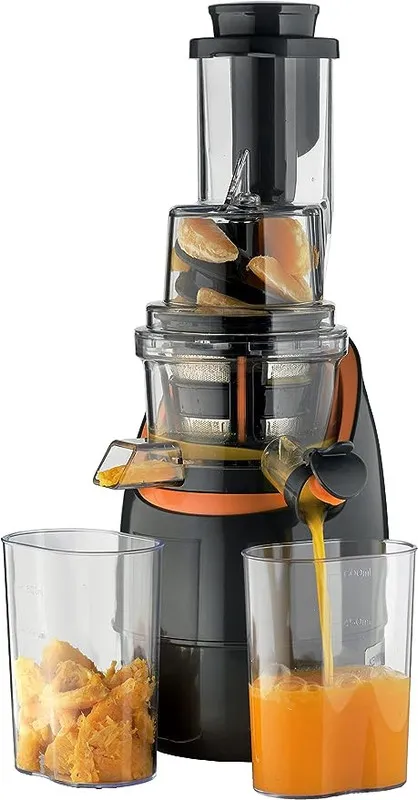 KENWOOD Slow Juicer Cold Press 200W Juice Extractor with 65mm Wide Feed Tube, 1 Speed + Reverse, Jug, Pulp Container, Anti Drip, Cleaning Brush, Food Pusher/Tamper JMP65.000GO Grey/Orange