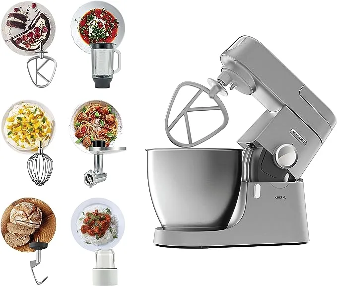 KENWOOD Stand Mixer Kitchen Machine Metal Body CHEF XL 1200W with 6.7L Stainless Steel Bowl, K-Beater, Whisk, Dough Hook, Glass Blender, Meat Grinder, Multi Mill KVL4230S Silver