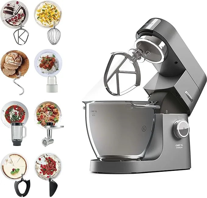 KENWOOD Stand Mixer Kitchen Machine Metal Body CHEF XL TITANIUM 1700W with 6.7L SS Bowl, 5 Tool Attachments, Glass Blender, Meat Grinder, Multi Mill KVL8430S Silver