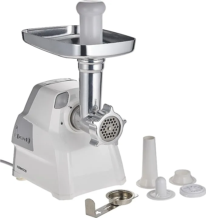 KENWOOD Meat Grinder 2100W Meat Mincer with Kibbeh Maker, Sausage Maker, Biscuit Attachment, Feed Tube Pusher, 3 Stainless Steel Screens for Fine, Medium & Coarse Results MGP40.000WH White