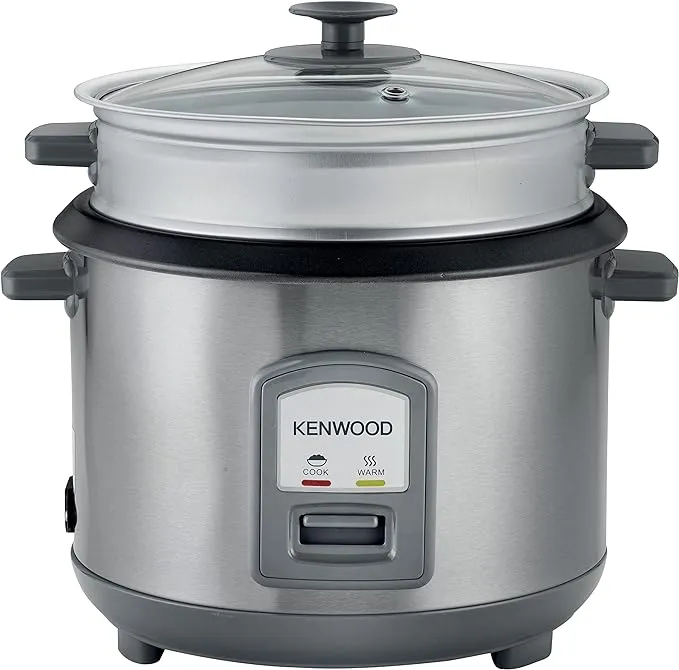 KENWOOD 2-in-1 Rice Cooker 1.8L 10-Cups Rice with Food Steamer Basket, Non-Stick Cooking Pot, Temepered Glass Lid, Warm/Cook Lights, Spatula Holder, Detachable Cord RCM45.000SS Silver