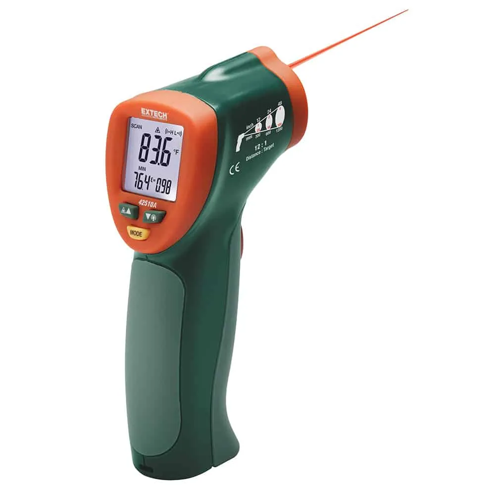 Extech Mini Infrared Thermometer, -50 to 650"C, 12:1 Distance-to-Spot Ratio, Single Laser, includes 9V Battery and Pouch