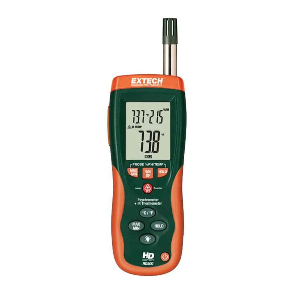 Extech 2-in-1 Psychrometer with Infrared Thermometer, -50 to 500"C, 30:1 Distance-to-Spot Ratio, includes 9V Battery and Pouch