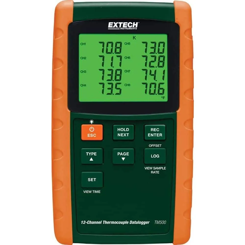 Extech 12-Channel Datalogging Thermometer with 6 Thermocouple Types (J, K, E, T, R, S)