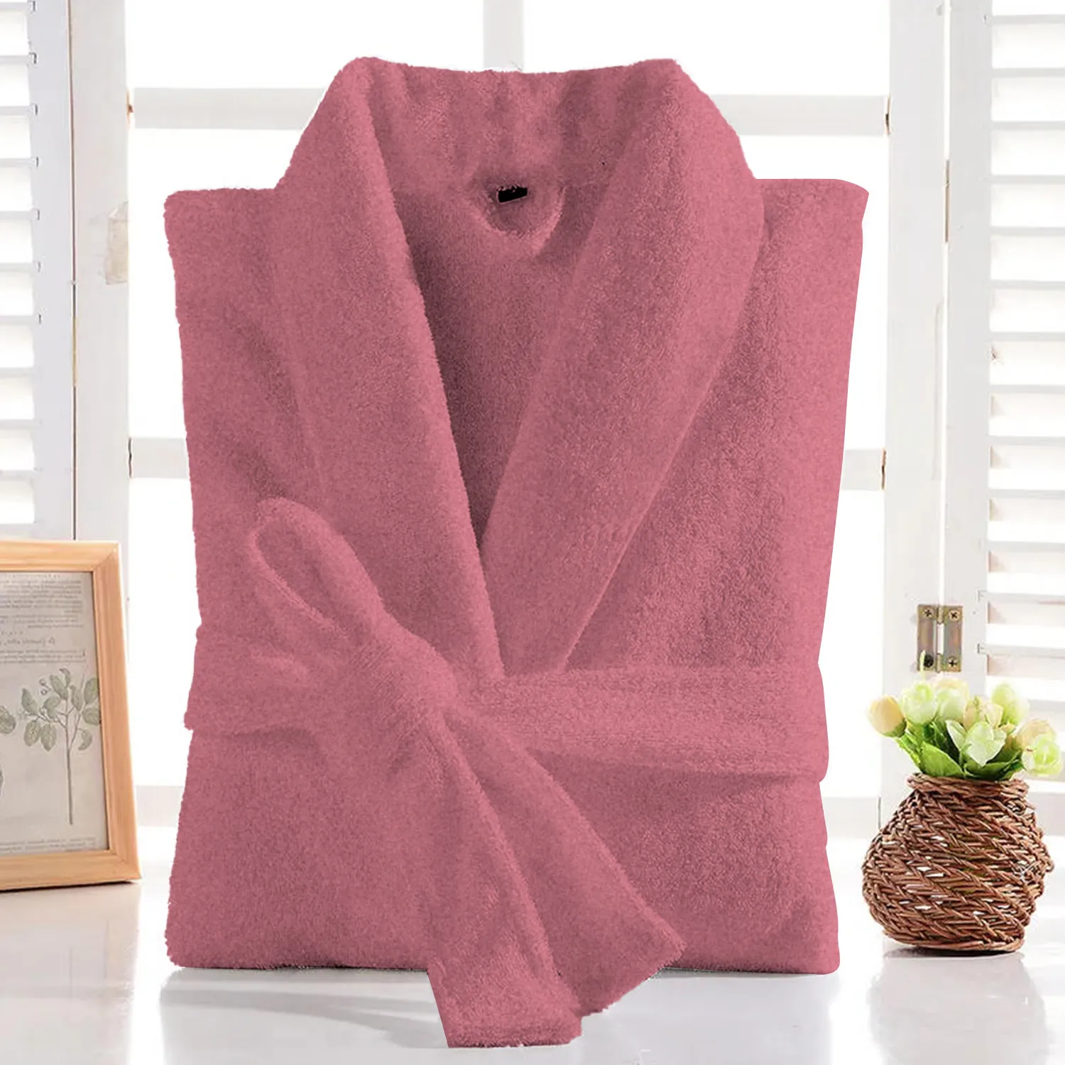 Cotton Home Bathrobe withPocketsTerry-DustyPink