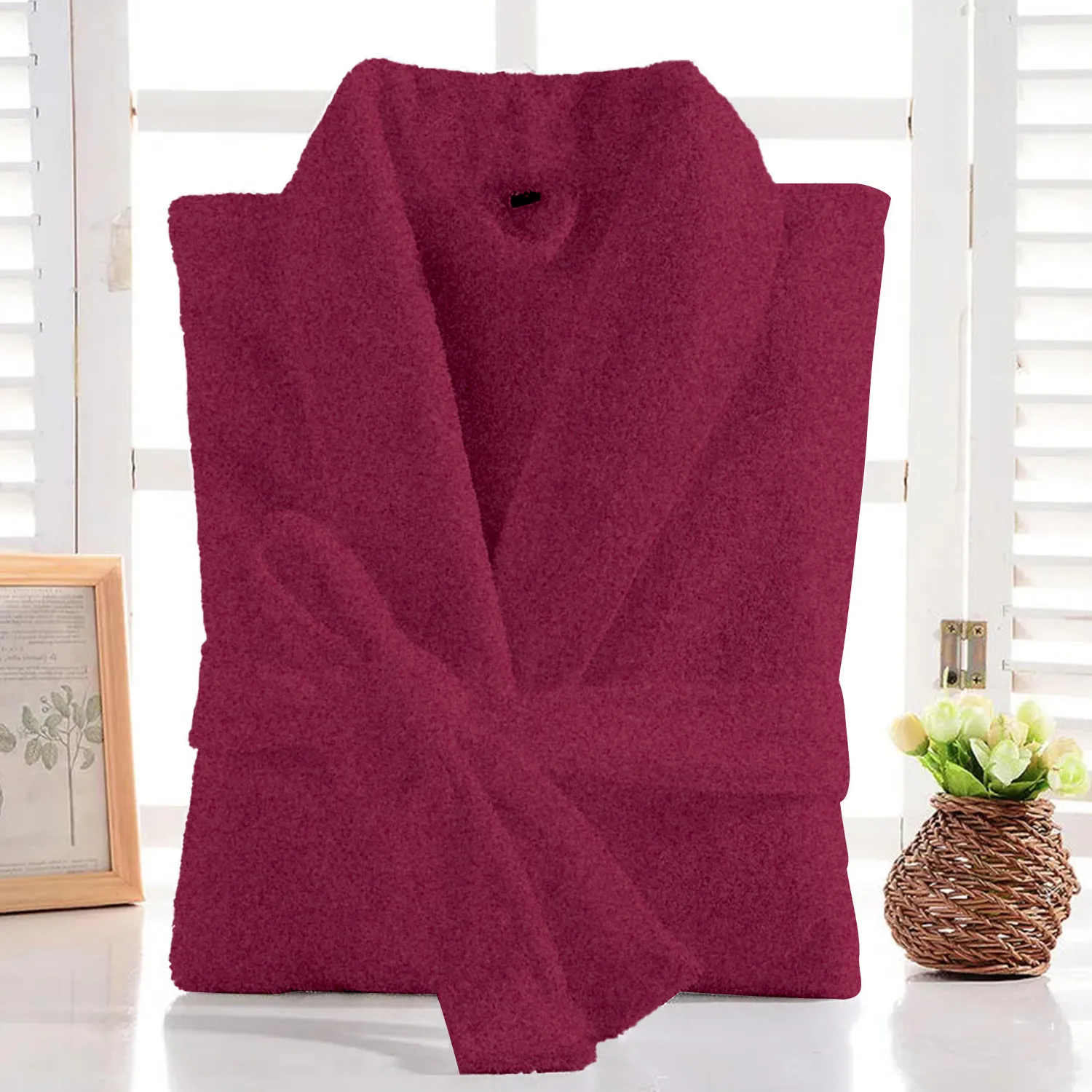 Cotton Home Bathrobe with Pockets Terry-Burgundy