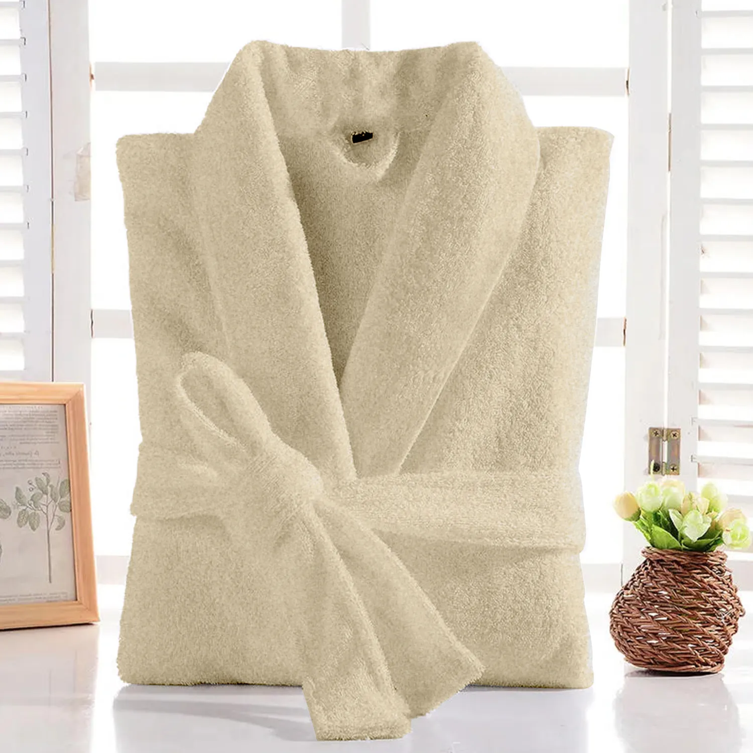 Cotton Home Bathrobe with Pockets Terry-Ivory