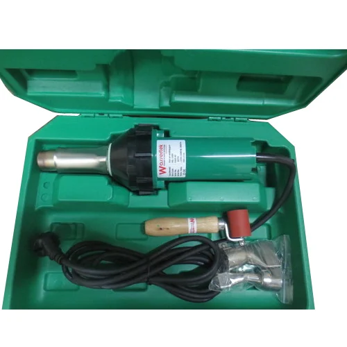 HOTGAS WELDING MACHINE IN A PLASTIC CASE COMES WITH A PIPE ROLLER AND 2 PCS OF NOZZLES