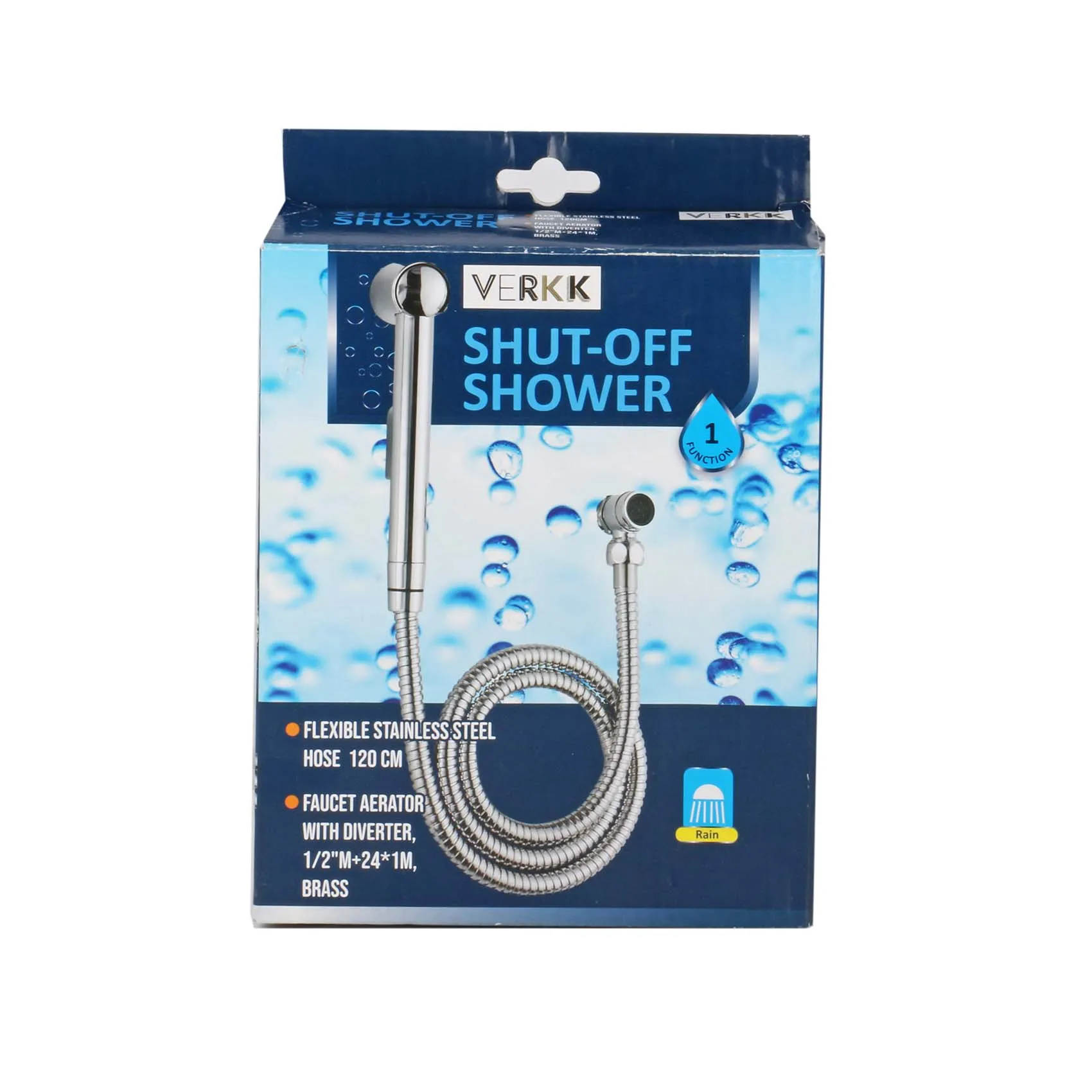 VERKK SHUT-OFF SHOWER WITH FLEXIBLE STAINLESS STEEL HOSE 120 CM, FAUCET AERATOR WITH DIVERTER